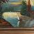Antique Folk Art Landscape with Church and Sailboats by Arthur Hanscom (Oil on Tin). Sunset riverscape with sailboats and...
