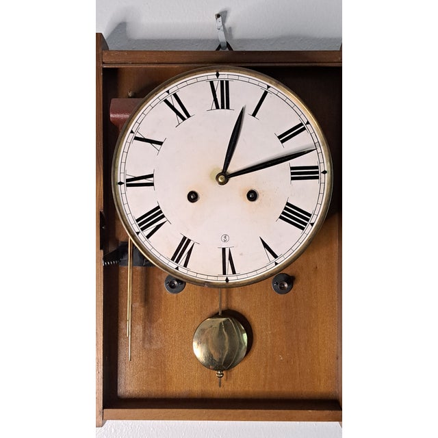 Vintage Teak Mechanical Pendulum Wall Clock Mid‑Century Modern Ejs Dial For Sale - Image 4 of 14
