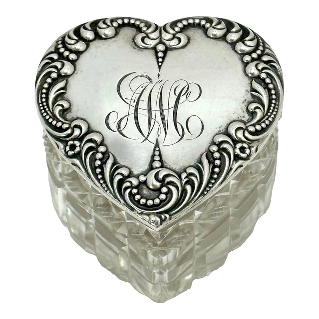 Beautiful Antique Hand Cut Crystal & Sterling Silver Victorian Sweetheart Trinket Box - Circa 1900 For Sale
