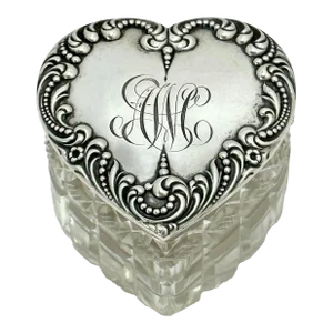 Beautiful Antique Hand Cut Crystal & Sterling Silver Victorian Sweetheart Trinket Box - Circa 1900