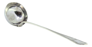 Silver Soup Ladle with Guilloche Pattern Handle and Monogram Card