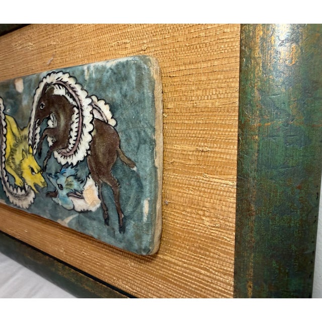 Yellow Antique 1800's Hand Painted Middle Eastern Lion Horse Pottery Majolica Wall Tile For Sale - Image 8 of 10