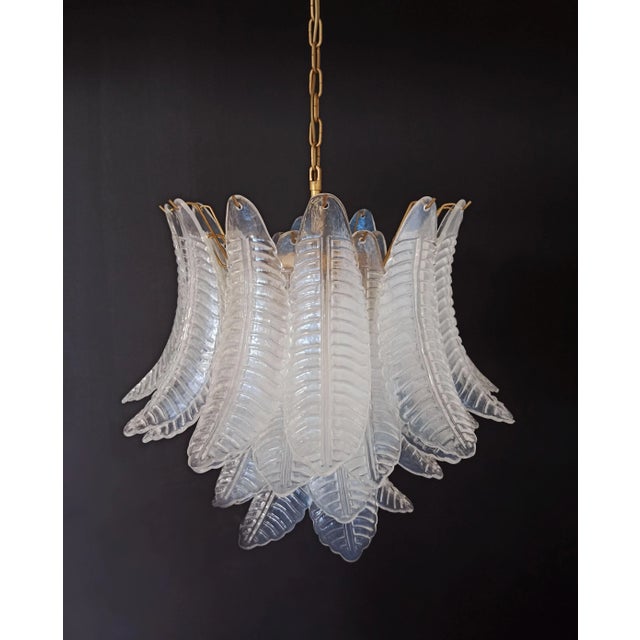 Mid-Century Modern Italian Six-Tier Murano Glass Chandelier with 36 Opaline Palmettes, 1970s For Sale - Image 3 of 18