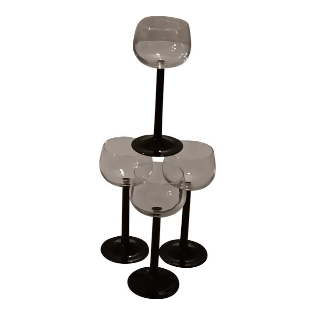 Mid 20th Century MCM Luminarc Black Stemmed Wine Glasses Set of 4 For Sale