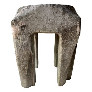 Weathered Hand-Carved Wood Stool/Table For Sale