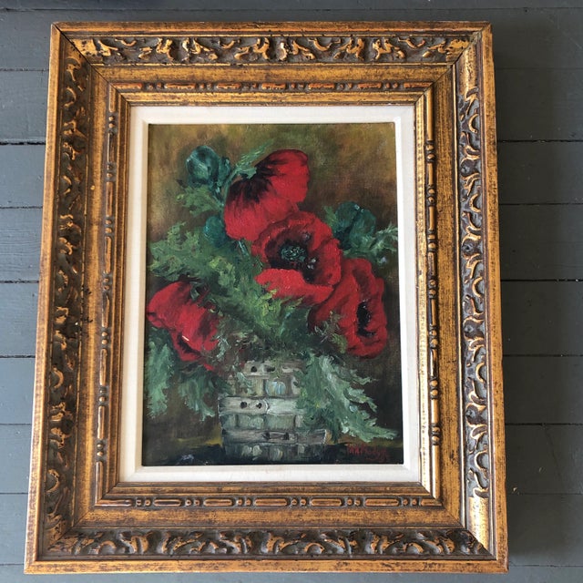 Wood Vintage Original Still Life Painting With Poppies Signed 1950’s Vintage Frame For Sale - Image 7 of 7