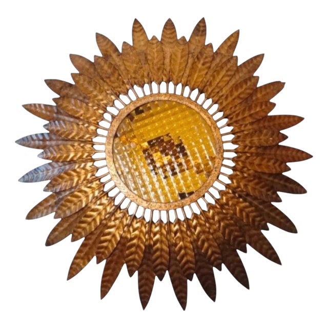 Large Spanish Crown Sunburst Fixture in Gilt Metal Curve Glass, 1950 For Sale