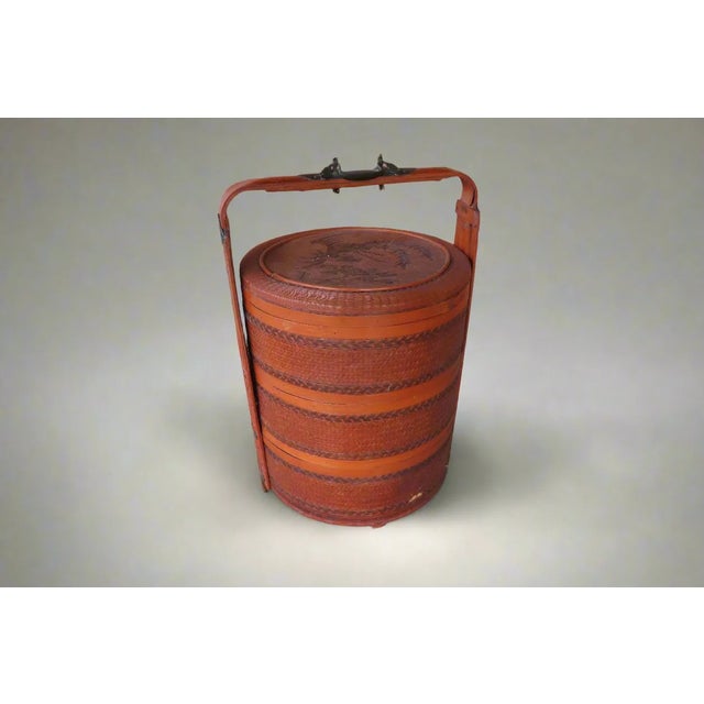 Chinese Antique Chinese Three Tier Red Lacquer Woven Twill Basket With Decorative Checker Weaves Lid For Sale - Image 3 of 12