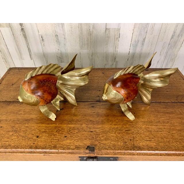 Contemporary Wood and Brass Koi Fish Sculptures - a Pair For Sale - Image 3 of 13