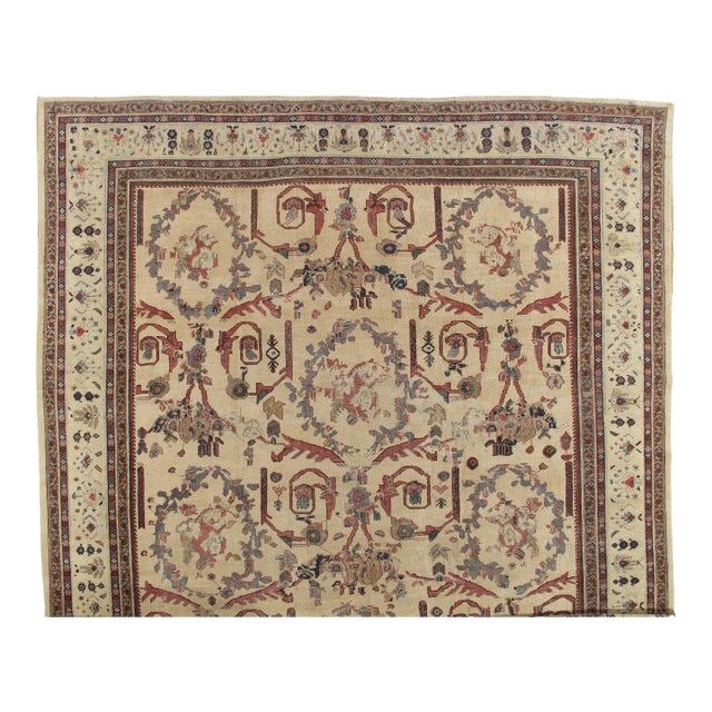 Antique Persian Sultanabad Carpet Handmade Oriental Rug, Ivory, Gold, Green Blue For Sale