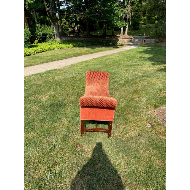 Vintage Henredon Chippendale-style mahogany bench made in the 1980s. Recently reupholstered in an orange, cut velvet...