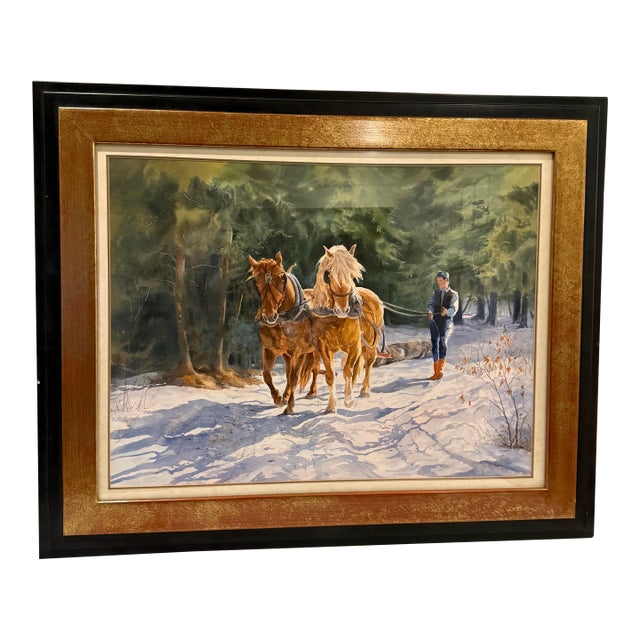 Late 20th Century Canadian Watercolor Painting “Winter Team Logging” by M.S. Martin Sca For Sale