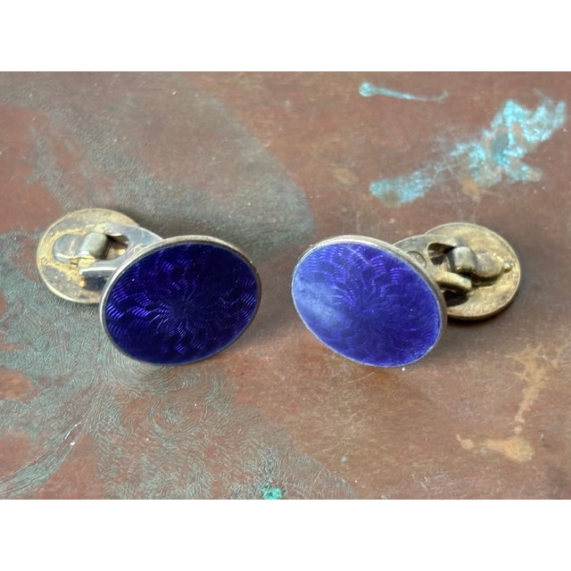 Art Deco Blue Guilloche Enamel and 925 Sterling Cufflinks by David-Andersen for Guttorm Kristiansen, Norway, 1930s, Set of 2 For Sale - Image 3 of 7