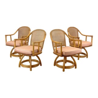 Vintage Coastal Rattan Swivel Chairs- Four For Sale