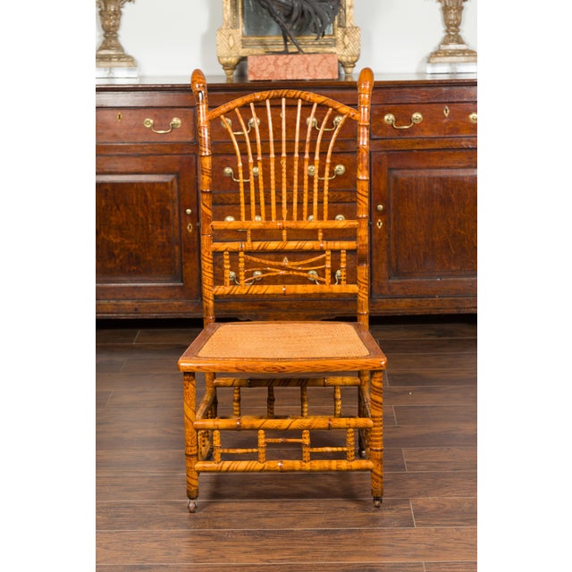 Late 19th Century English 1890s Bamboo Slipper Chair with Fan Back, Rattan Seat and Casters For Sale - Image 5 of 12