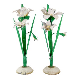 1960's Italian Tole White Daffodil Candle Stick Holders - a Pair For Sale
