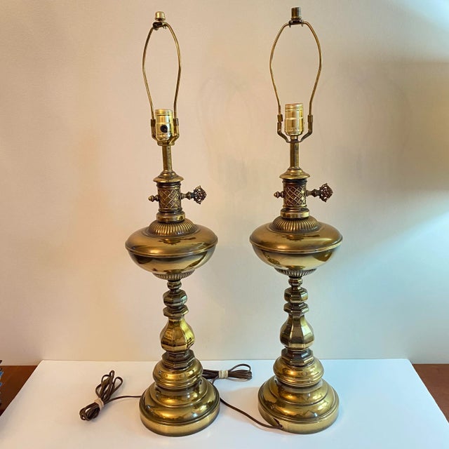 Vintage MidCentury 1960s Neoclassical Brass Plated Tall Table Lamps - A Pair For Sale - Image 10 of 10