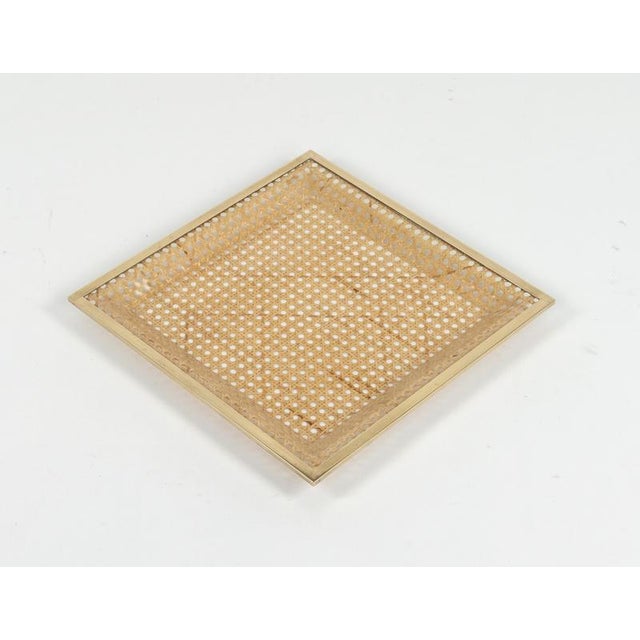 Midcentury amazing squared serving tray or centerpiece in acrylic glass, rattan and brass in the style of Christian Dior...