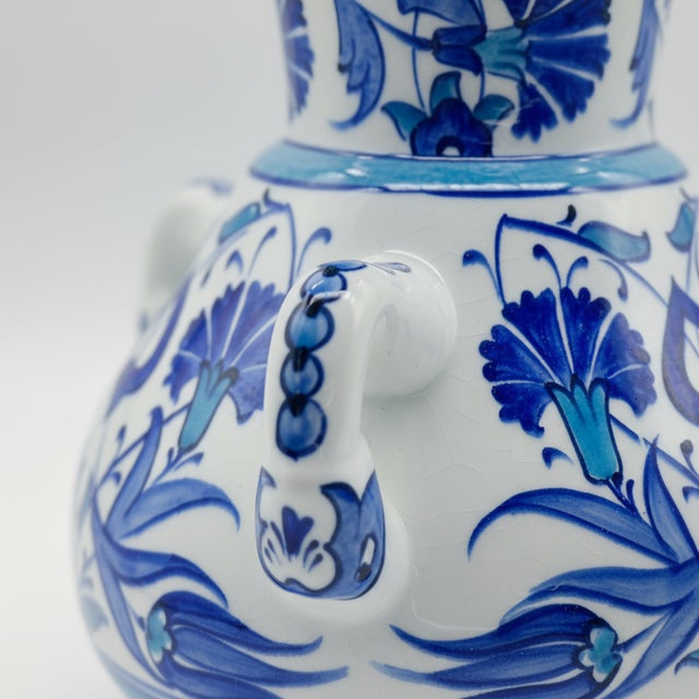 2020s Handmade Ceramic Kandil Vase (20cm) Blue and White Floral Triple Handled Form For Sale - Image 5 of 10