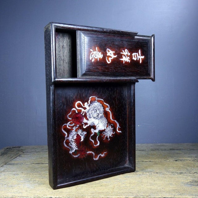 Brown Vintage Chinese Rosewood Mother-of-Pearl Inlay Tea Tray With Sliding Compartment, Twin Foo Lions For Sale - Image 8 of 9