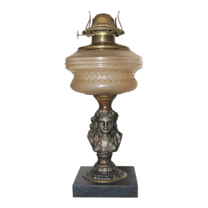 Antique Figural Lady Bust Oil Lamp Glass Font Gilded Metal Cast Iron Stand