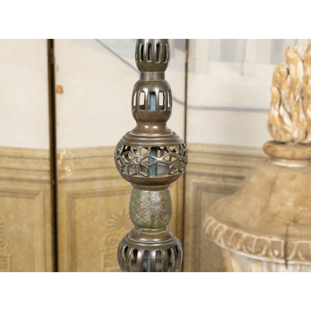 Metal Pair of Asian Mid-Century Bronze Table Lamps with Openwork Decor and LuciteBases For Sale - Image 7 of 9