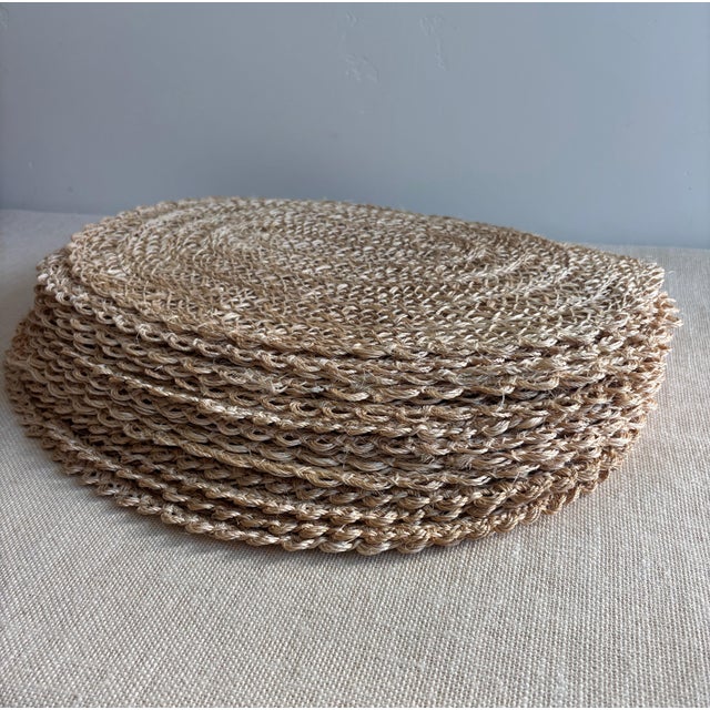 Set of 16, Vintage, mid century, handwoven oval raffia Placemats with scalloped edges. These flexible, natural fiber table...