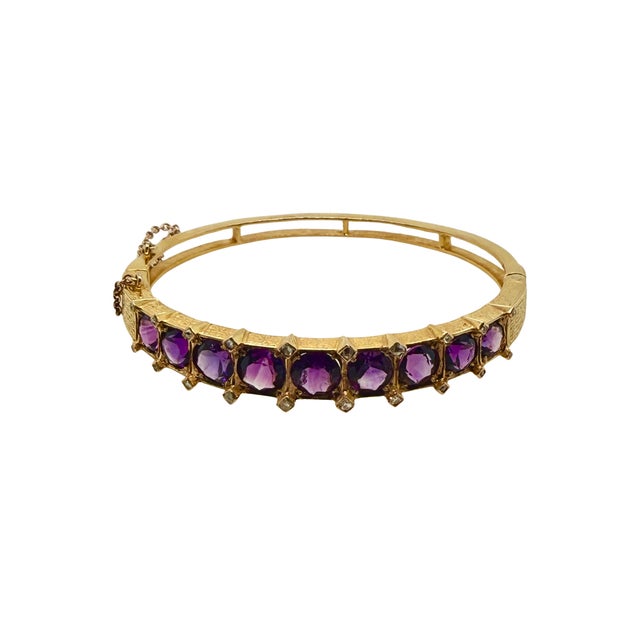 Late 19th Century Late 19th Century Victorian 14k Gold Amethyst & Diamond Hinged Bangle Bracelet For Sale - Image 5 of 7