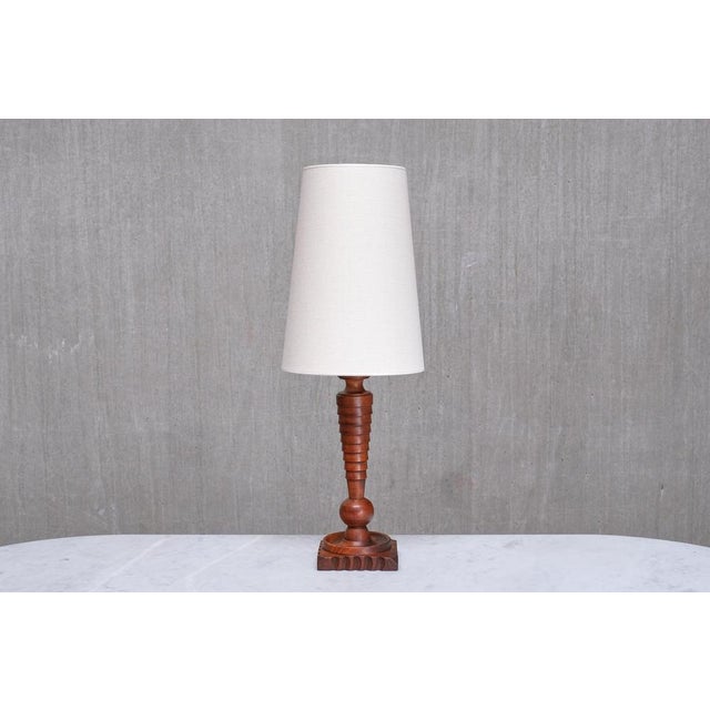 French Art Deco Tall Sculptural Table Lamp in Turned Oak with Ivory Shade, 1920s For Sale - Image 13 of 13