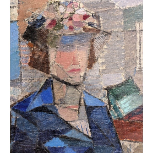 Mid-Century Modern 'Woman in a Blue Coat' Vintage Swedish Cubist Figurative Oil Painting, Framed For Sale - Image 11 of 11