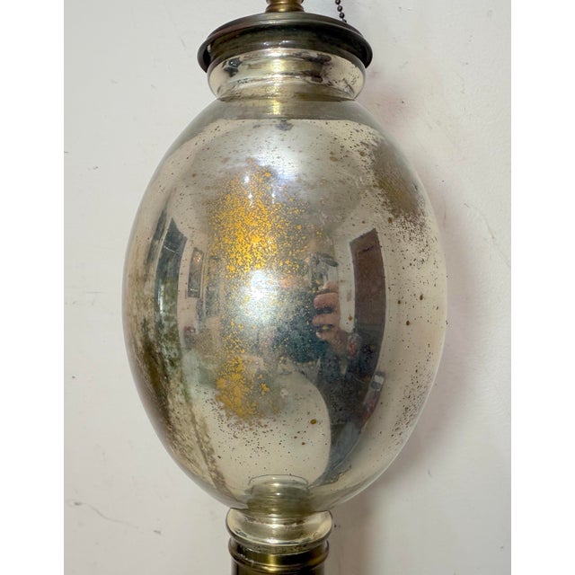 Large Antique Mercury Glass Brass Seltzer Siphon Bulbous Round Bottle Table Lamp For Sale - Image 10 of 11