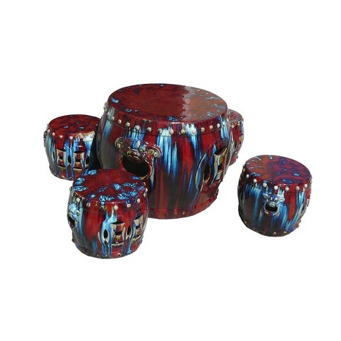 This collection features a traditional five-piece Chinese ceramic garden set, showcasing a striking "flambé" glaze of deep...