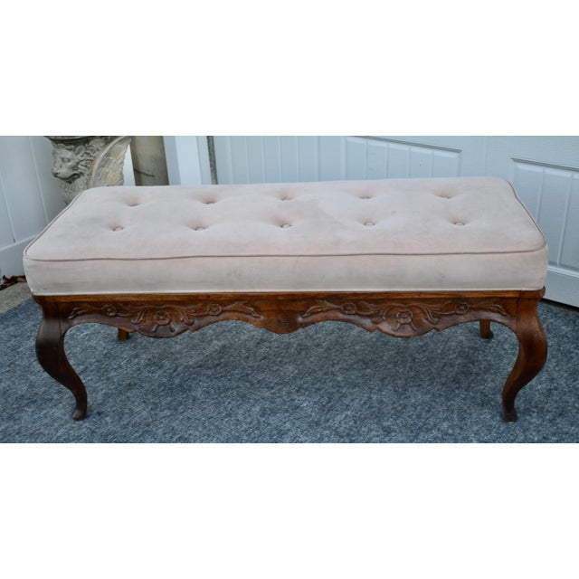 French Country Window Bench Vintage Tufted Upholstered Carved End Stool For Sale - Image 9 of 15