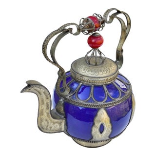 Vintage Moroccan Blue Ceramic Kettle With Silver Engravings For Sale