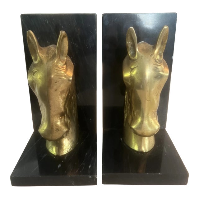 Mid-Century Brass and Marble Horse Bookends, a Pair For Sale