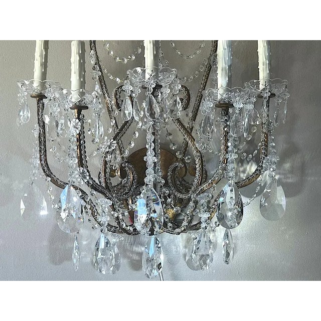 Pair Monumental Light Crystal Beaded French Chateau Sconces Mansion Attr. Dennis Leen For Sale - Image 4 of 7