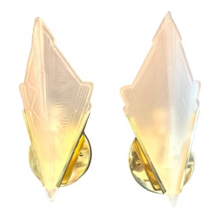 1970s Pair Vintage Art Deco Triangle Glass Brass Wall Light Sconces For Sale