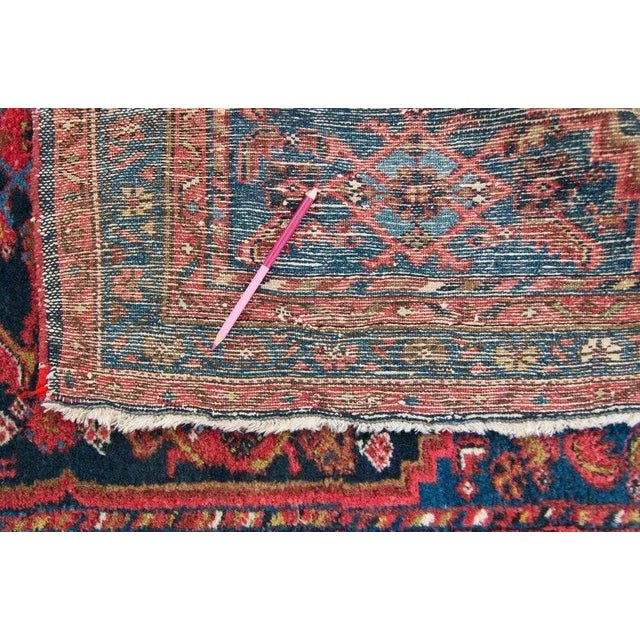 1940s Vintage Floral Geometric Ink Blue Scarlet Red Hand Knotted Wool Low Pile Accent Rug - 3’4” X 6’4” For Sale - Image 10 of 11