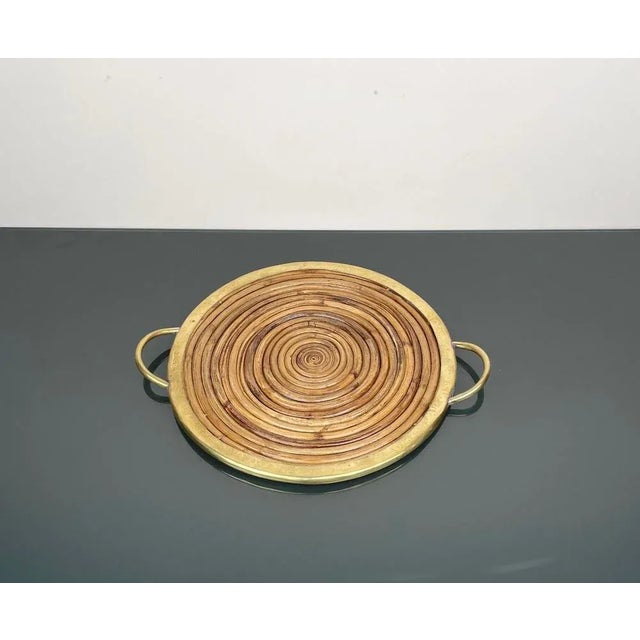Round Bamboo, Rattan & Brass Serving Tray, Italy, 1970s For Sale - Image 6 of 9