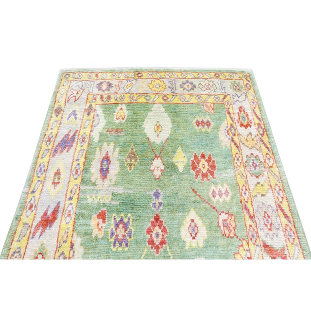 Textile Early 21st Century Green Handwoven Wool Turkish Oushak Rug 5'4" X 7'11" For Sale - Image 7 of 9