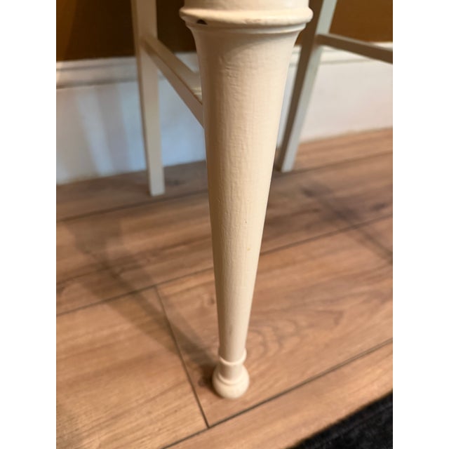 Cream Vintage Cane and Wood Vanity Chair With Custom Blue Leather Tufted Cushion For Sale - Image 8 of 15
