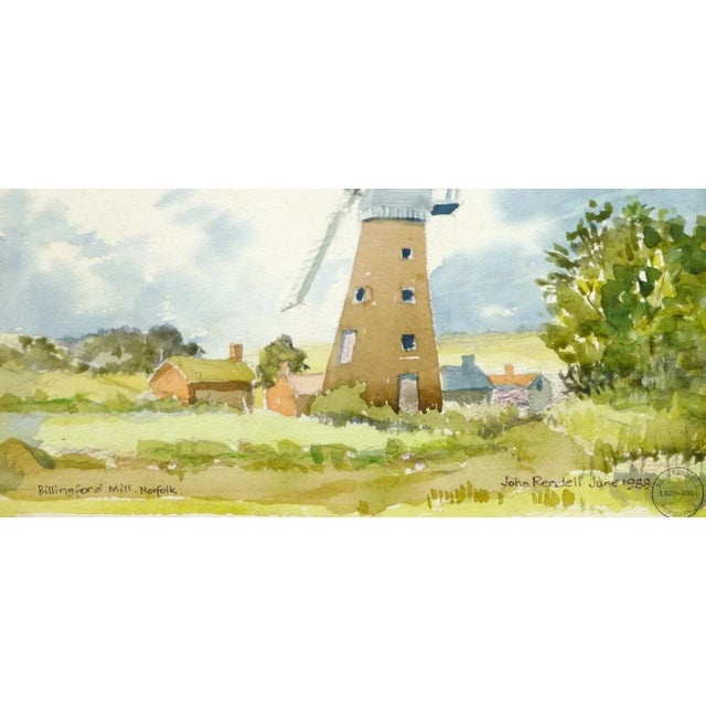 Charming English watercolor of a carefree rural scene featuring a windmill by artist John Rendell (1920-2004), 1988....