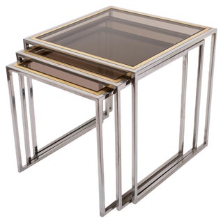 Italian Chrome & Brass Nesting Coffee Tables, 1970s, Set of 3 For Sale