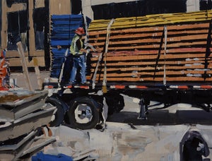 Man on Truck by David Shingler | Oil Painting of a worker securing cargo on a truck