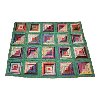 Green Satin Log Cabin Quilt For Sale