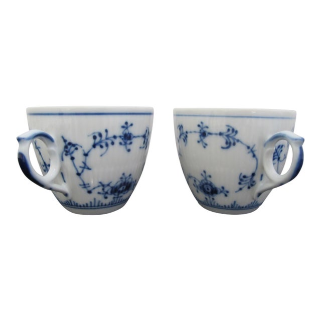 Royal Copenhagen Denmark 081 Plain Blue Flower Fluted Flat Cup Pair For Sale