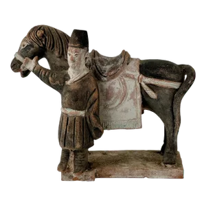 Vintage Chinese Han Dynasty Style Terracotta Horse With Standing Attendant