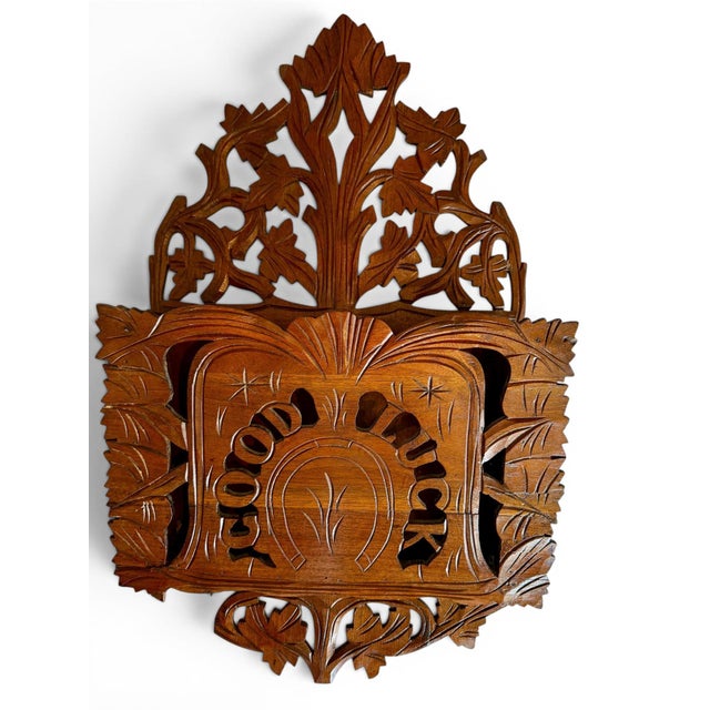 Victorian Carved Wood Wall Pocket-Horseshoe-Good Luck-Folk Art Hanging-Antique For Sale - Image 6 of 11