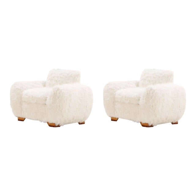 Pair of Oversized Off-White Faux Goatskin Chairs For Sale