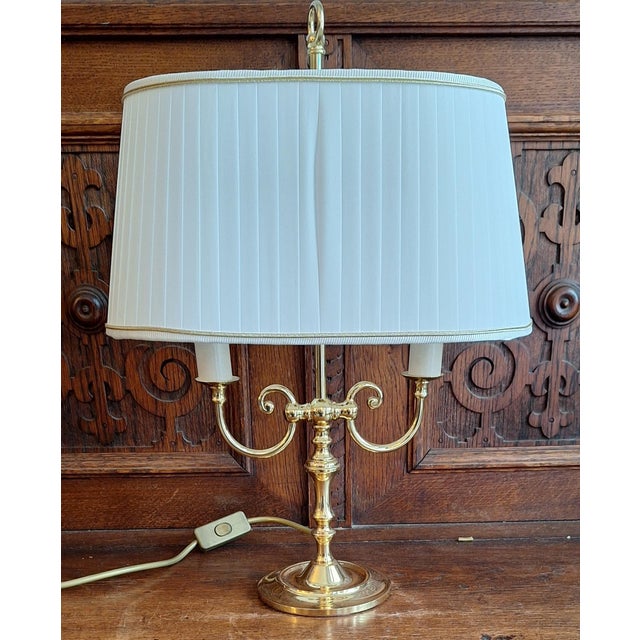 Vintage Table Lamp with Brass Frame and Cream-White Fabric Shade from Schulz & Adam, 1990s, in Very Good conditions....